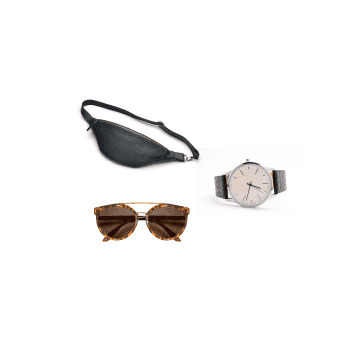 Image of coordinated accessories including a cross body bag, wristwatch, and sunglasses